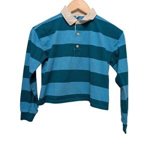 Crewcuts J.Crew Kids Rugby Shirt L 10-11 Blue Striped Long Sleeve Polo Pullover